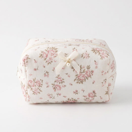 Womens Floral Makeup Bag with Bow Pearl Charm and Zipper Closure