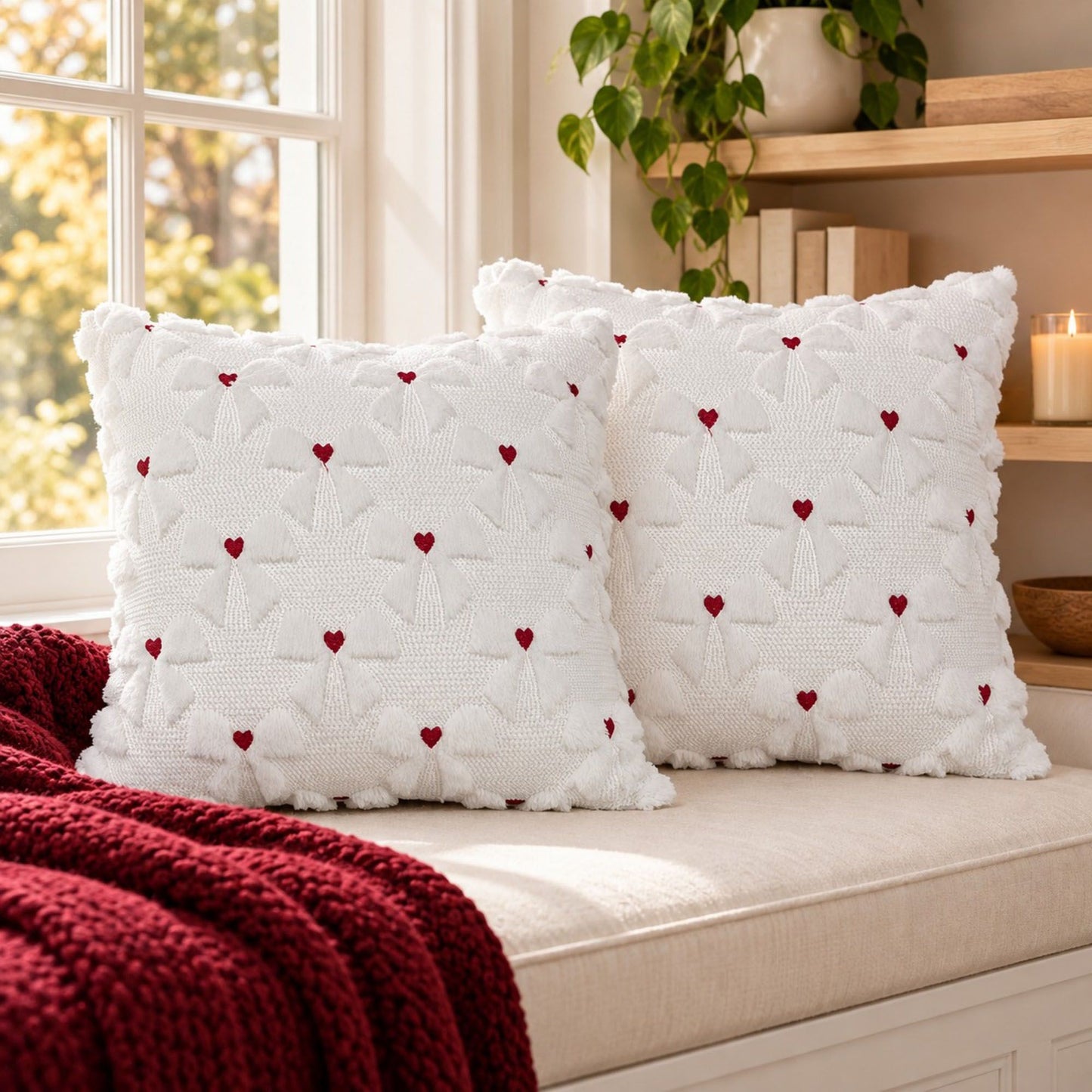 2 Pack Tufted Bow Heart Decorative Throw Pillow Covers Soft Textured Cushion Covers