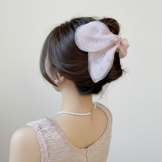 Sheer Organza Bow Hair Clip with Rhinestone Embellishments and Elegant Layered Design
