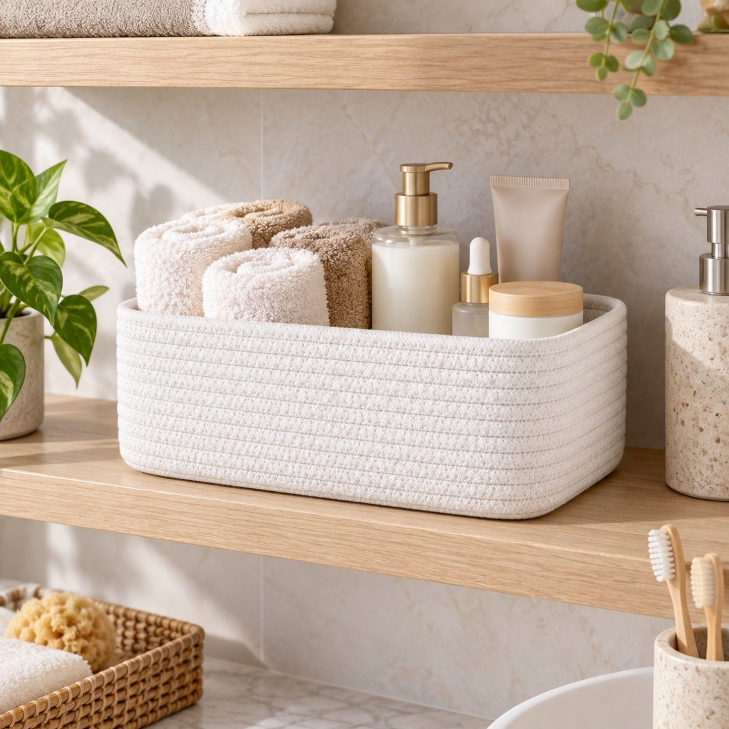 3 Piece Rectangular Woven Cotton Cord Desktop Storage Basket Set