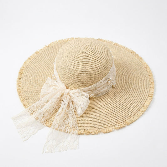 Wide Brim Sun Hat with Lace Band and Frayed Edge