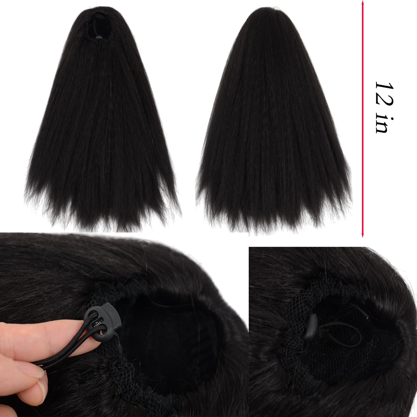12-Inch Yaki Straight Ponytail Extension Fluffy Thick Drawstring Synthetic Hairpiece with Adjustable Clips