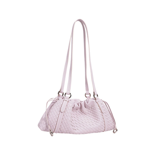 Woven Leather Shoulder Satchel with Ruched Top Detail Long Straps and Slouchy Shape