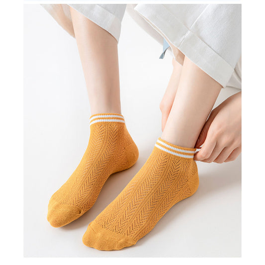 4-Pair Pack Lightweight Mesh Ankle Socks with Striped Cuffs Breathable Knit Texture