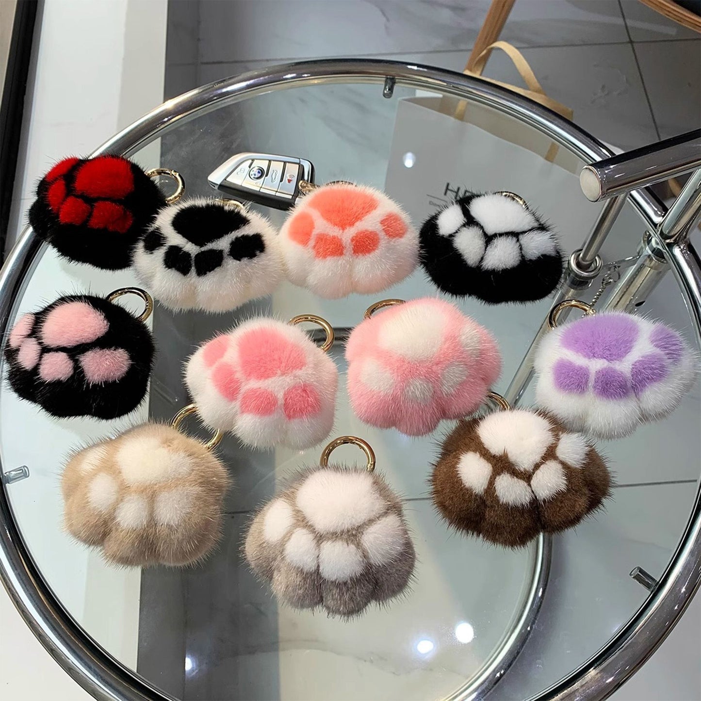 2-PC Plush Paw Print Faux Fur Keychain with Metal Clip