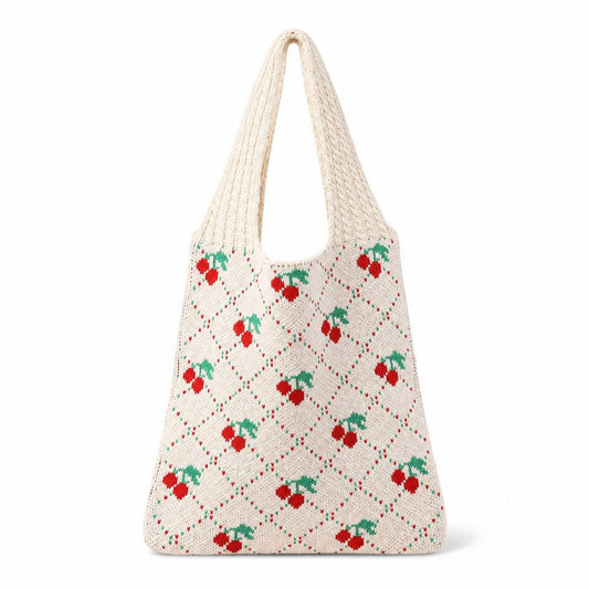 Cherry Knit Tote Bag Crochet Shoulder Purse Large Summer Beach Carryall