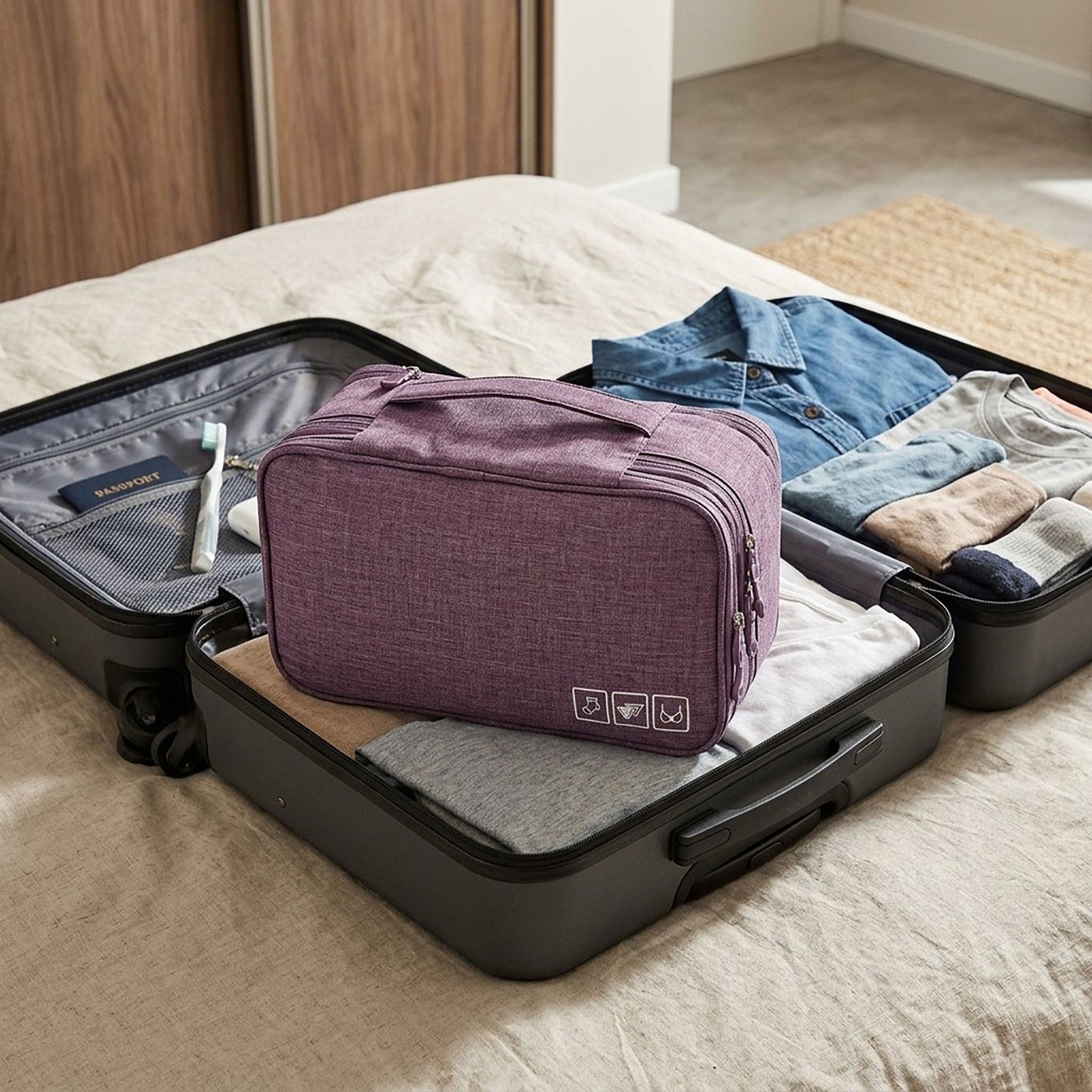 Travel Underwear Organizer Bag with Zipper and Carry Handle