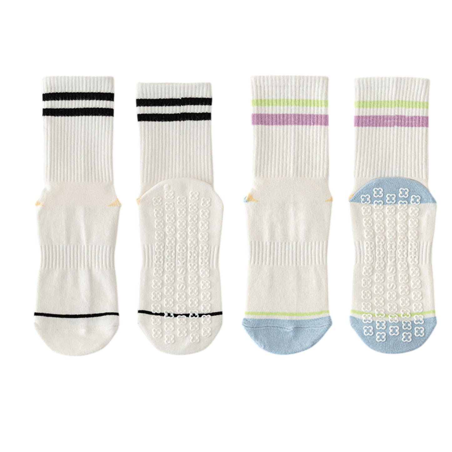 2-Pair Set Crew Athletic Socks with Striped Cuffs and Full Sole Grip for Yoga Fitness