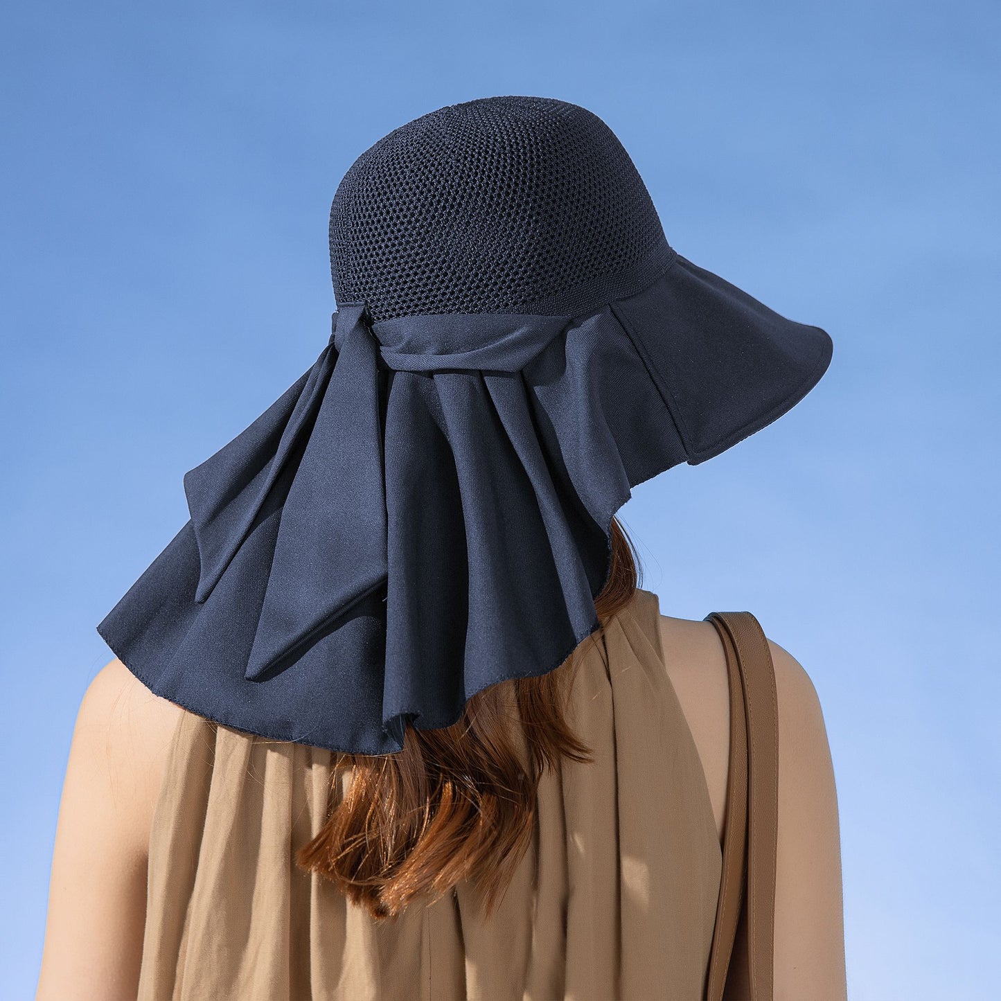 Womens Mesh Panel Wide Brim Sun Hat with Back Flap UV Protection and Tie Detail for Outdoor Activities