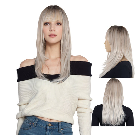 Long Straight Wig with Bangs Heat-Resistant Synthetic Hair Adjustable Cap
