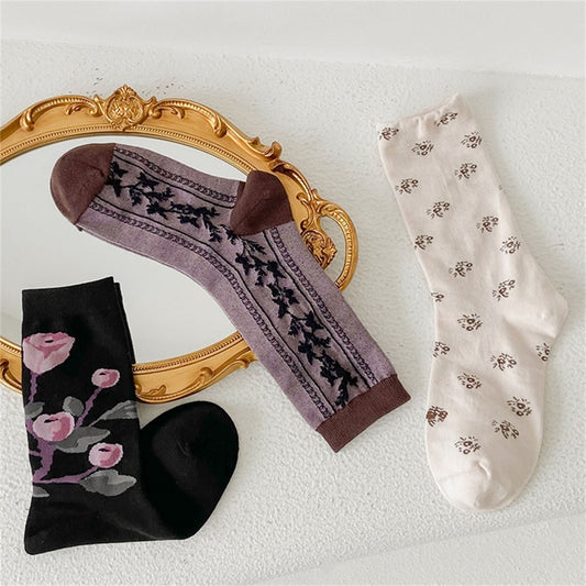Women's 3-Pack Patterned Crew Socks with Vintage Embroidered Floral and Abstract Prints