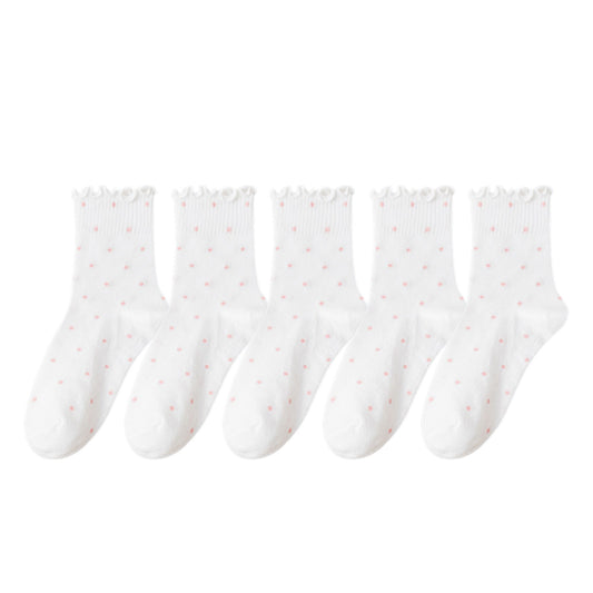 Polka Dot Ankle Socks Set Soft Cotton Blend Ruffle Trim Cuff Multiple Color Combos 5 Pairs