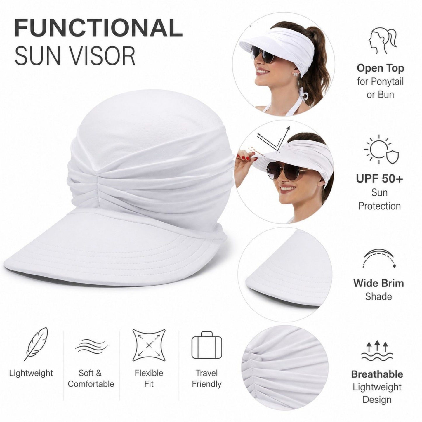 Pleated Visor - Lightweight Sport Sun Hat for Beach and Tennis