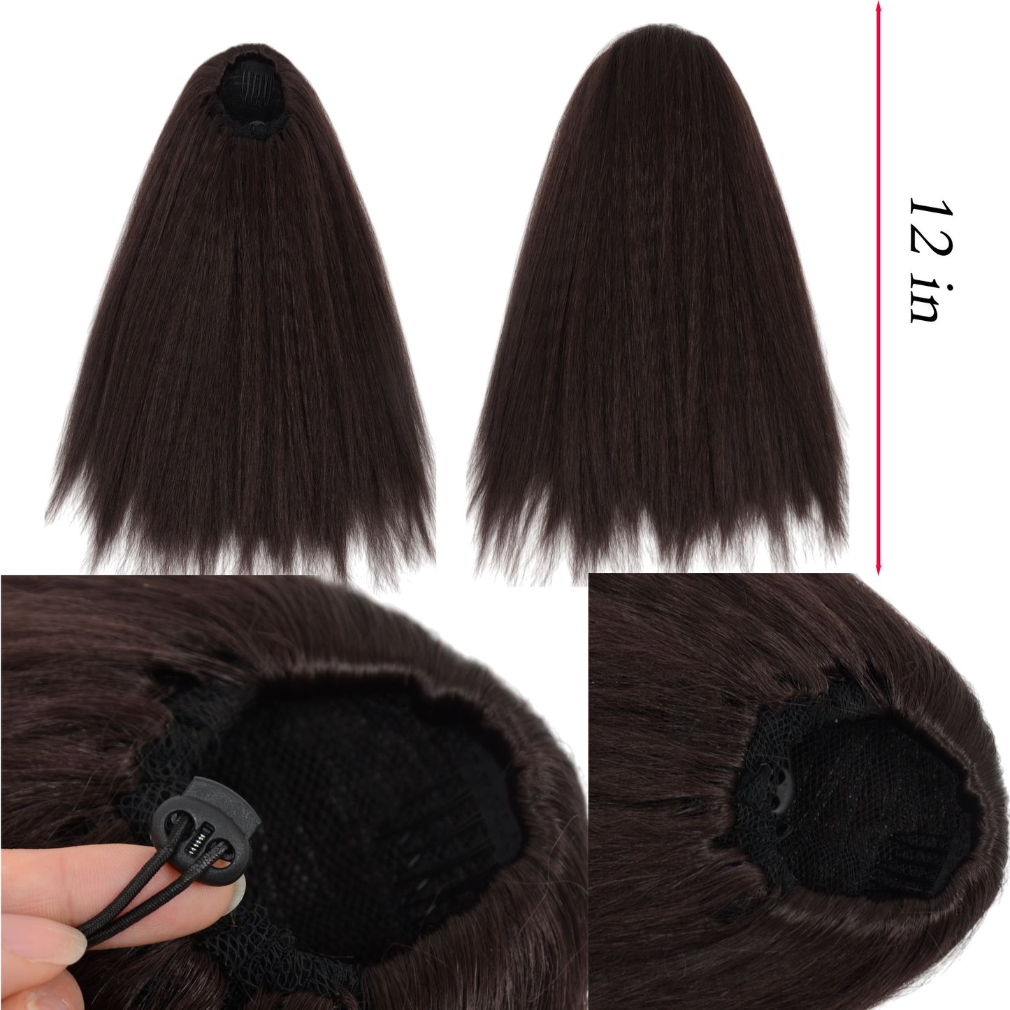 12-Inch Yaki Straight Ponytail Extension Fluffy Thick Drawstring Synthetic Hairpiece with Adjustable Clips
