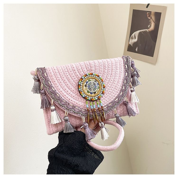 Women's Woven Crossbody Bag with Beaded Medallion Tassel Flap and Long Strap