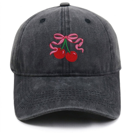 Washed Cotton Baseball Cap Cherry Bow Embroidered Adjustable Dad Hat
