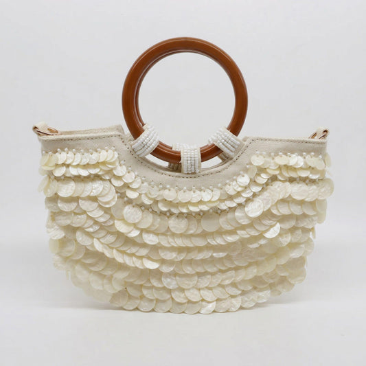 Shell Disc Embellished Top Handle Bag with Beaded Details Round Handle Structured Handbag 11.5x7.5x1 in