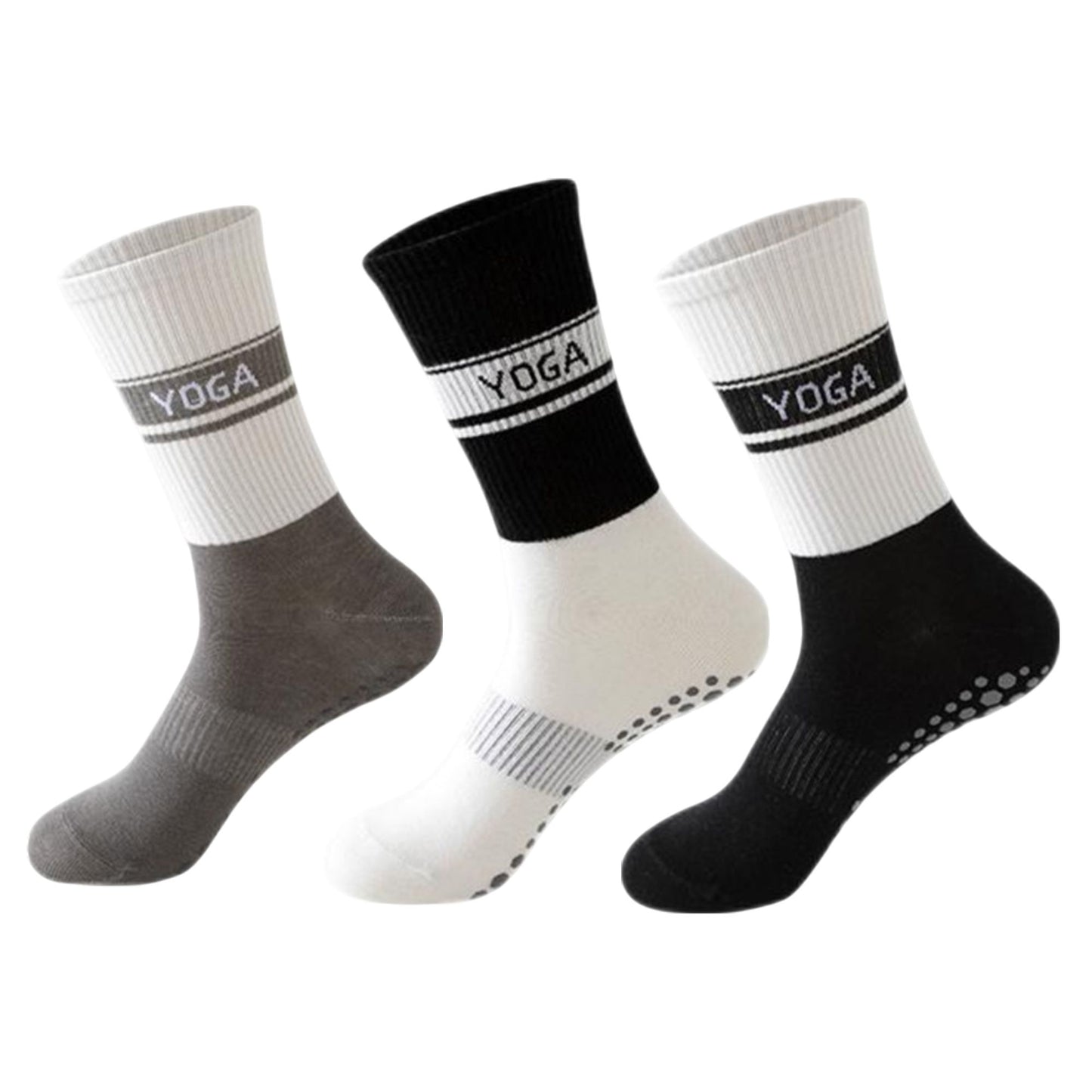 3 Pairs Non-Slip Yoga Crew Socks Soft Cotton Grip Sole Ribbed Cuff for Fitness