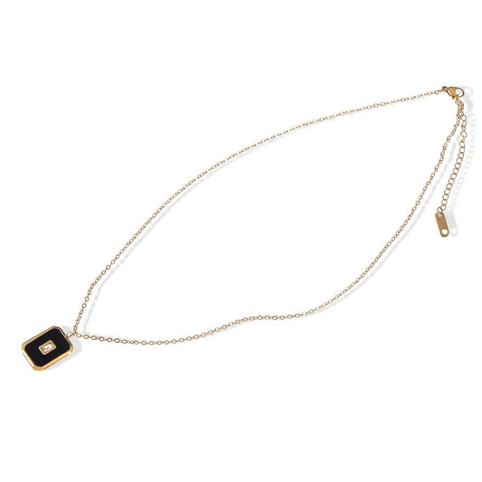 Women's Stainless Steel Necklace with 18K Gold Plated Pendant, Black Enamel Inlay, Clear Zircon Stone Accent, Adjustable Chain