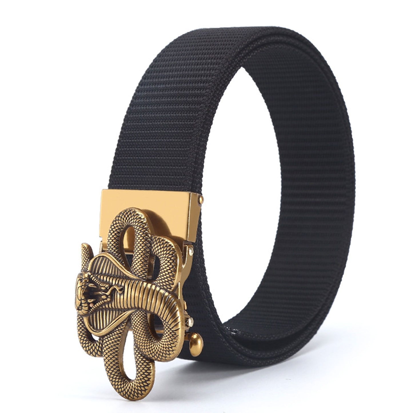 Nylon Belt with Gold Cobra Buckle - Bold Statement Buckle Belt for Edgy Casual & Stylish Outfits