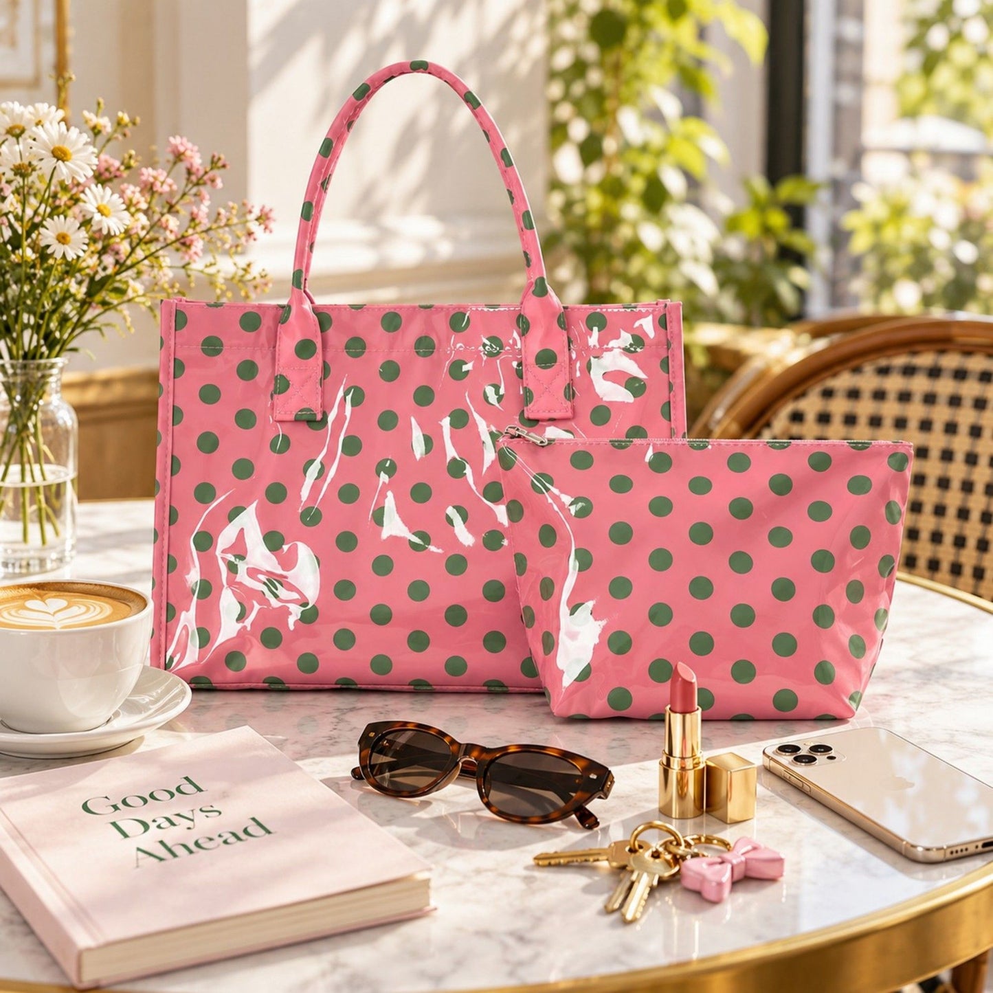 Polka Dot Tote Bag with Matching Cosmetic Pouch Set