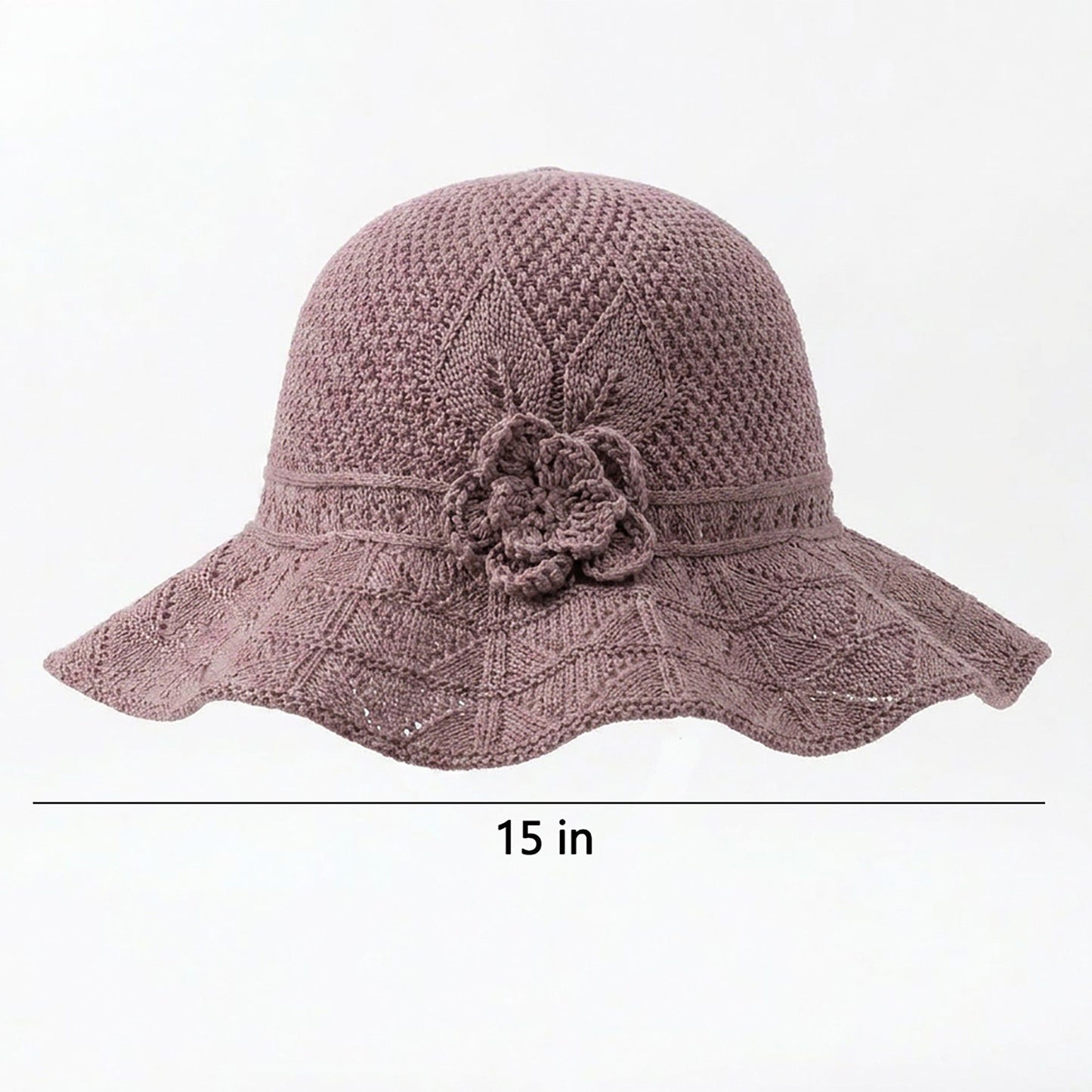 Crochet Wide Brim Sun Hat with Floral Accent Scalloped Edge and Chin Strap