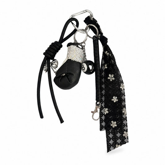 Boxing Glove Keychain Bag Charm with 8 Ball Accent Lace Ribbon and Clip