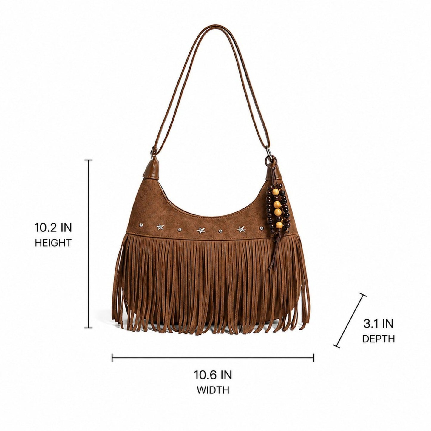 Suede-Like Fringe Hobo Shoulder Bag with Studded Star and Beaded Charm Details