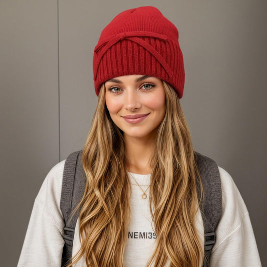 Soft Knit Cuffed Beanie Hat with Ribbed Foldover Hem and Delicate Bow Detail