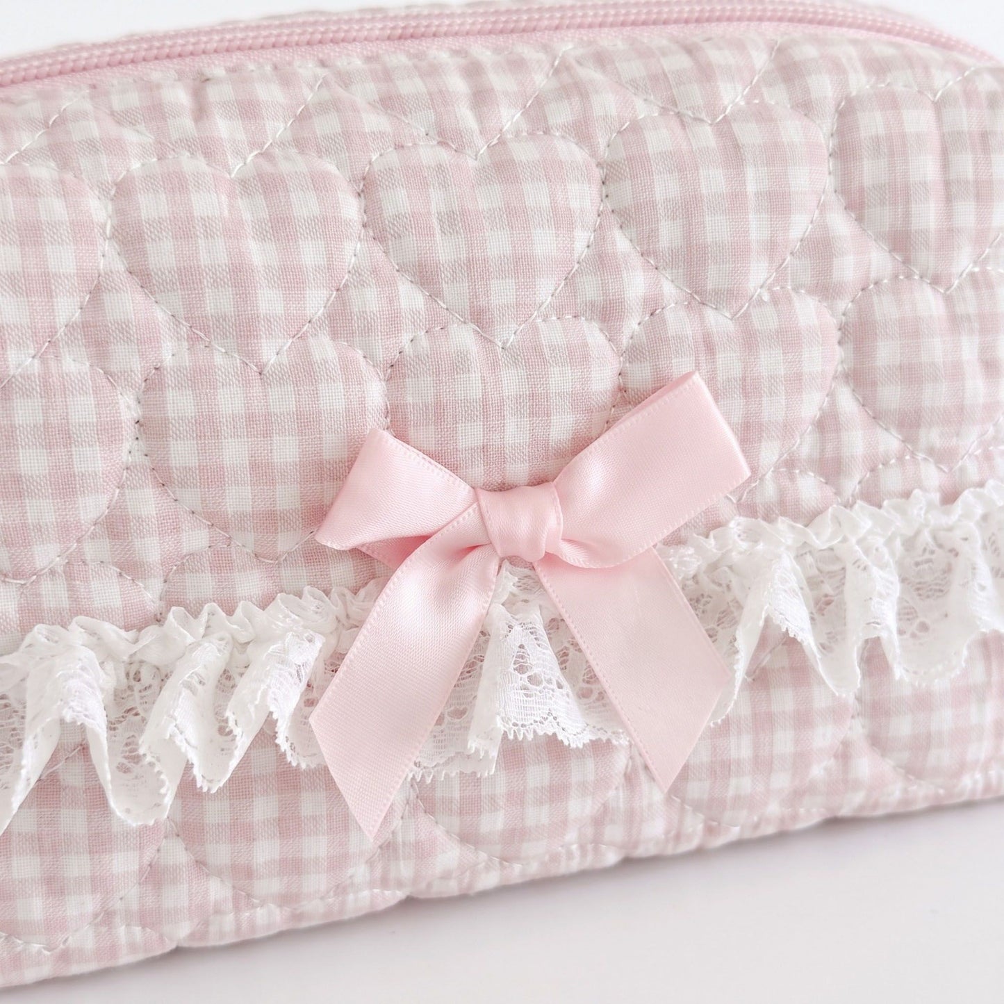 Womens Gingham Quilted Cosmetic Bag with Lace Bow Detail
