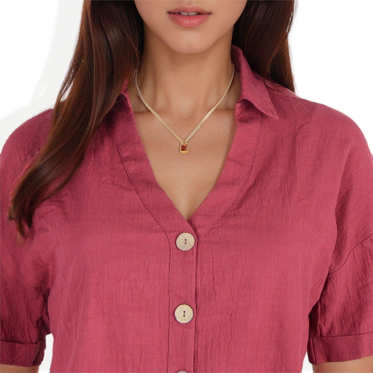 Women's Stainless Steel Necklace with 18K Gold Plated Pendant, Red Zircon Stone, Adjustable Chain, Modern Design