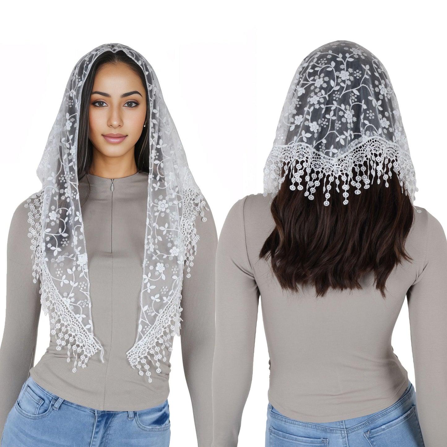 Lightweight Lace Floral Head Scarf Fringe Triangular Shawl