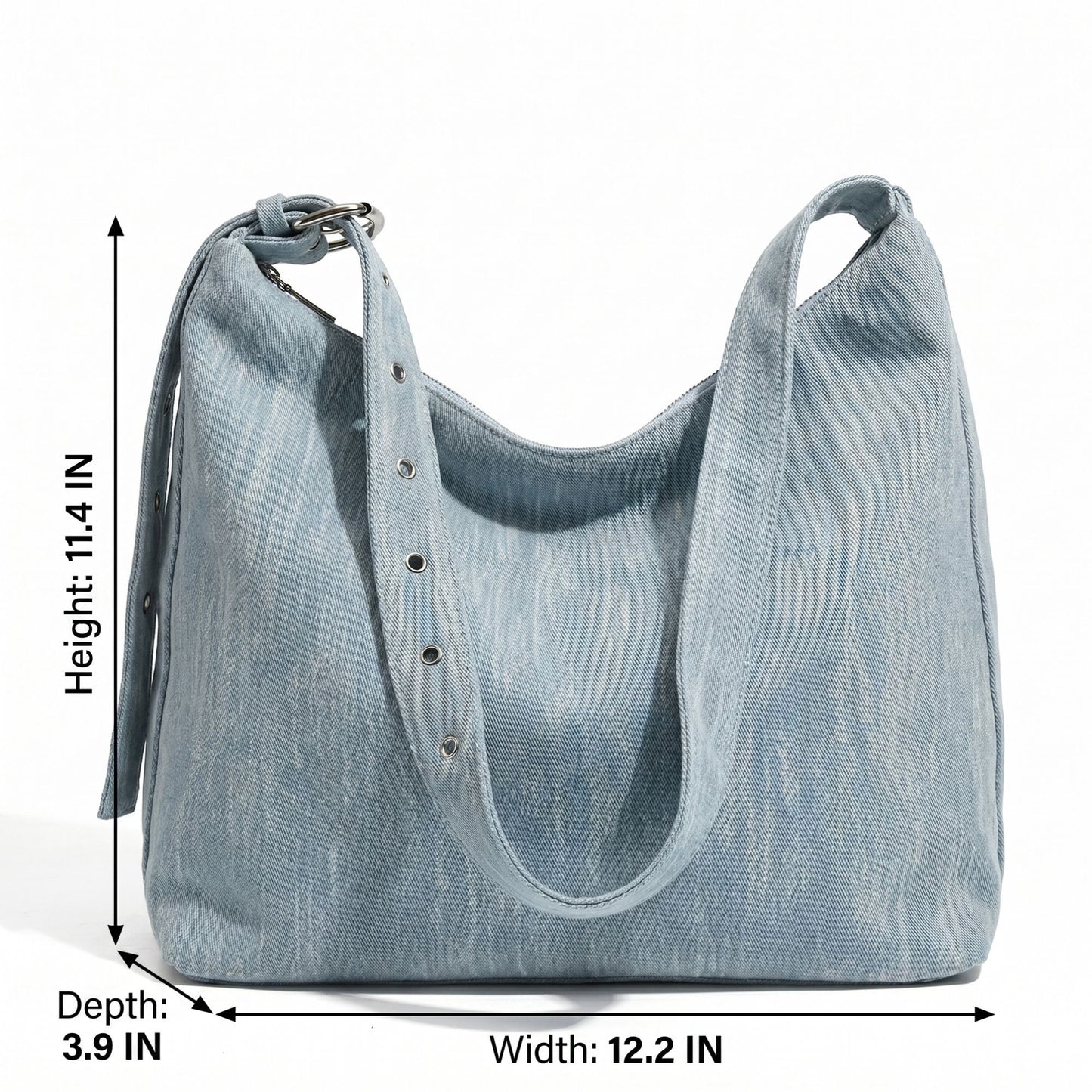 Washed Denim Look Hobo Tote Bag with Adjustable Shoulder Strap
