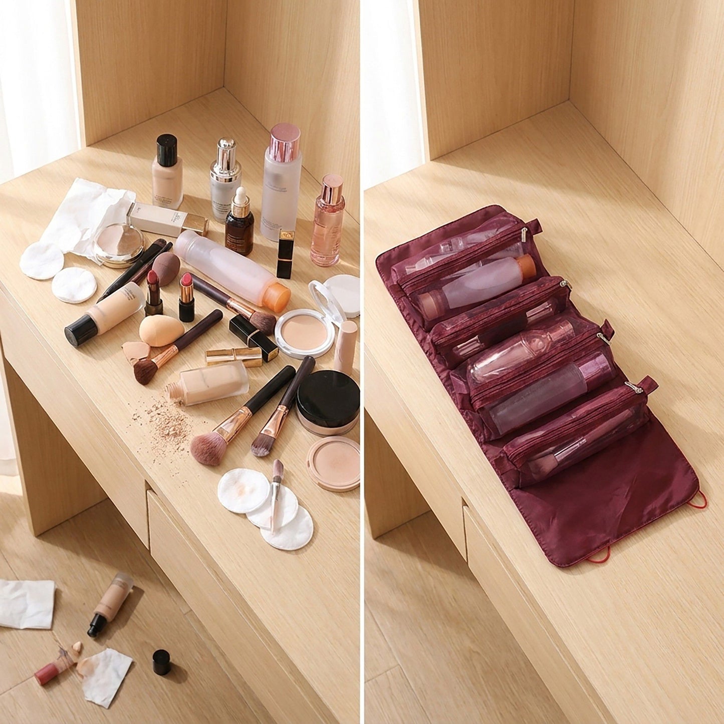 Hanging Travel Toiletry Bag with Clear Zipper Compartments and Roll-Up Organizer Design