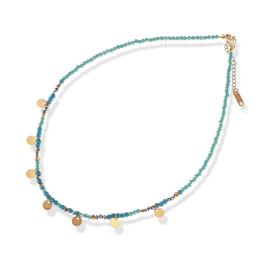 Women's Stainless Steel Beaded Necklace with 18K Gold Plated Discs, Adjustable Length, Colorful and Boho Chic Design