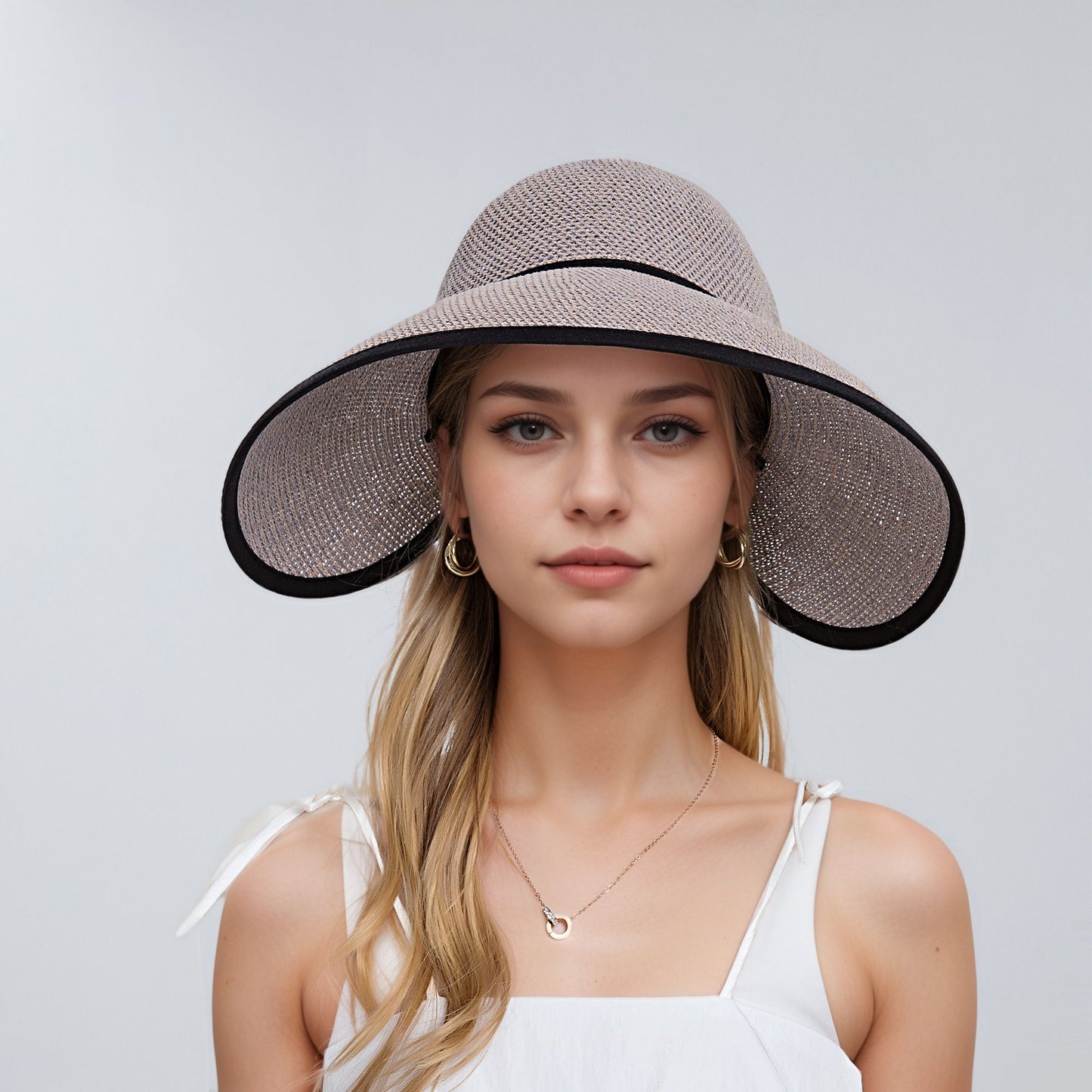 Womens Roll Up Straw Sun Visor Wide Brim Bow Detail Adjustable UV Protection Packable Summer Hat