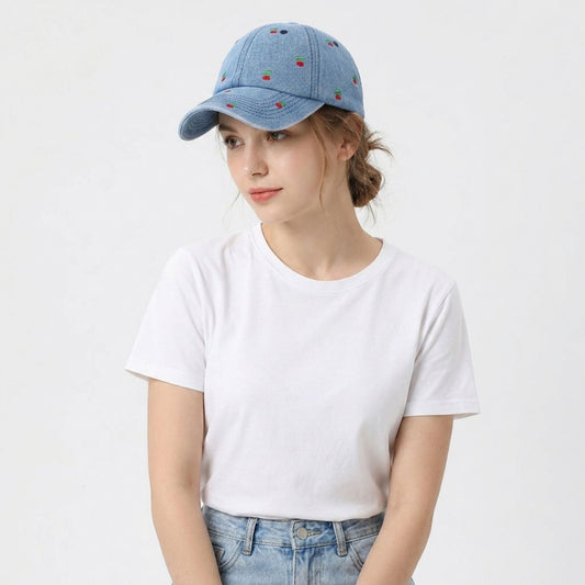 Denim Baseball Cap Cherry Embroidered Adjustable Dad Hat