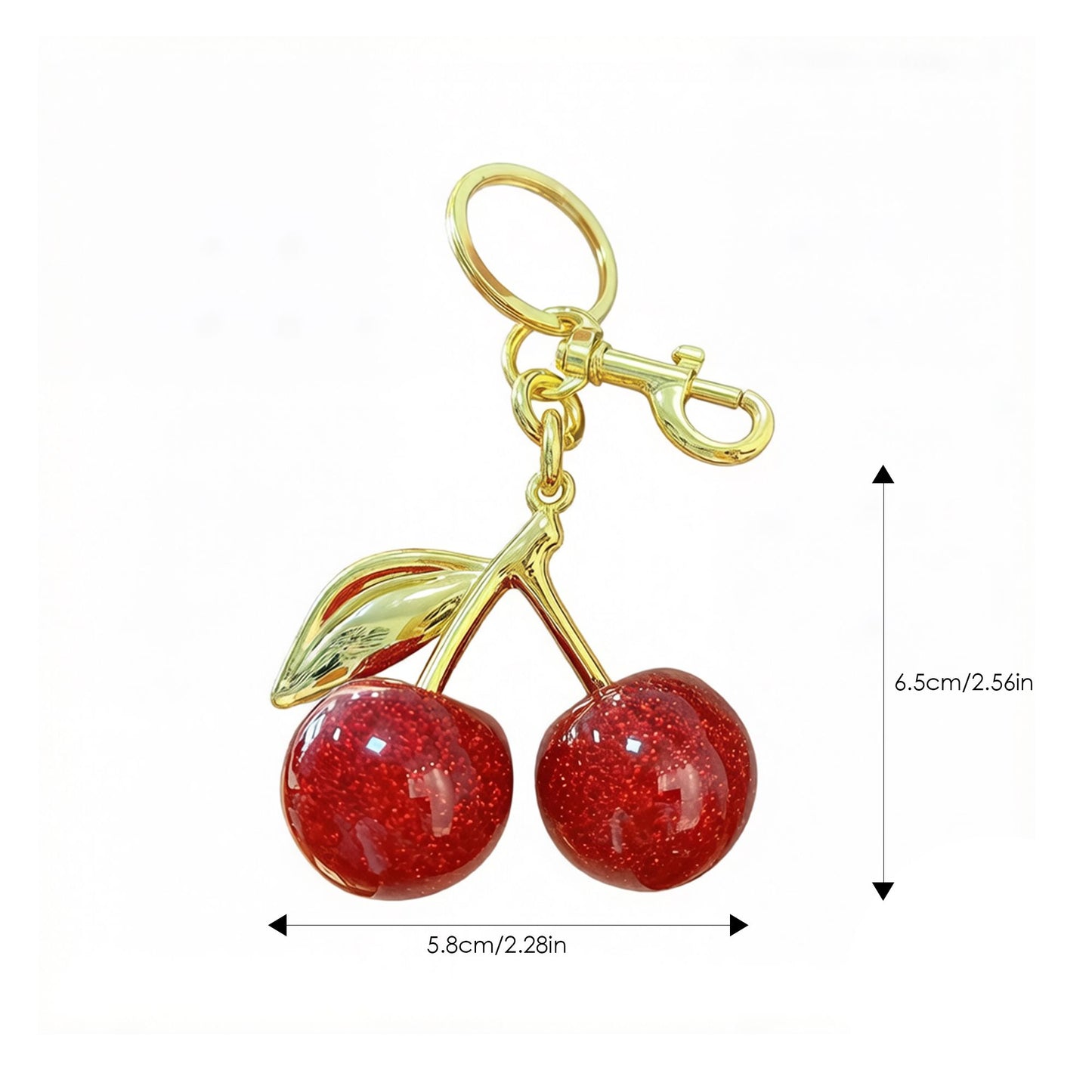 Cherry Charm Keychain with Glitter Fruit Pendant Gold Tone Clip and Key Ring Bag Accessory
