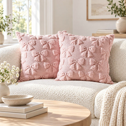2 Pack Tufted Bow Heart Decorative Throw Pillow Covers Soft Textured Cushion Covers