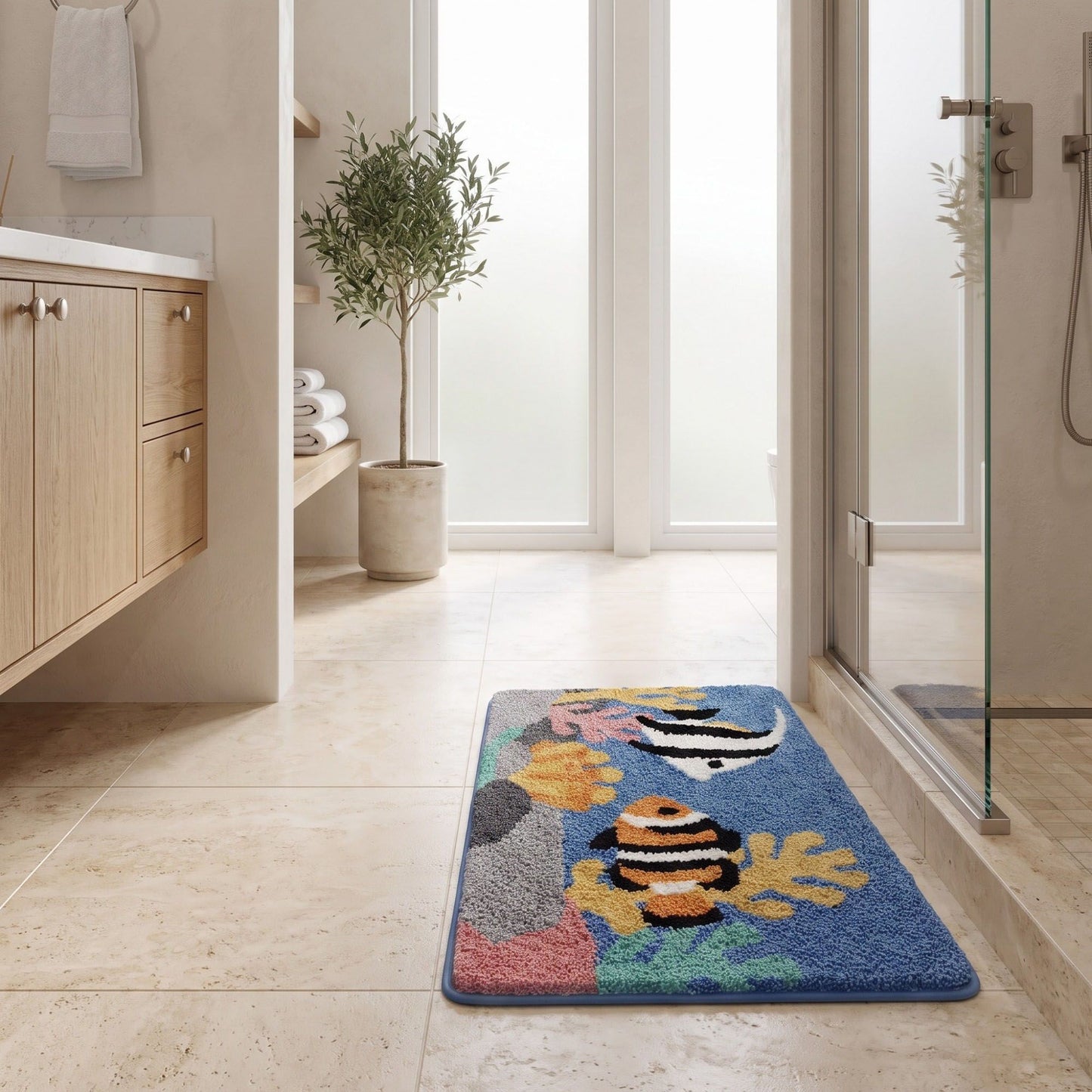 Coastal Beach Scene Plush Bathroom Mat with Umbrella and Ocean Wave Design