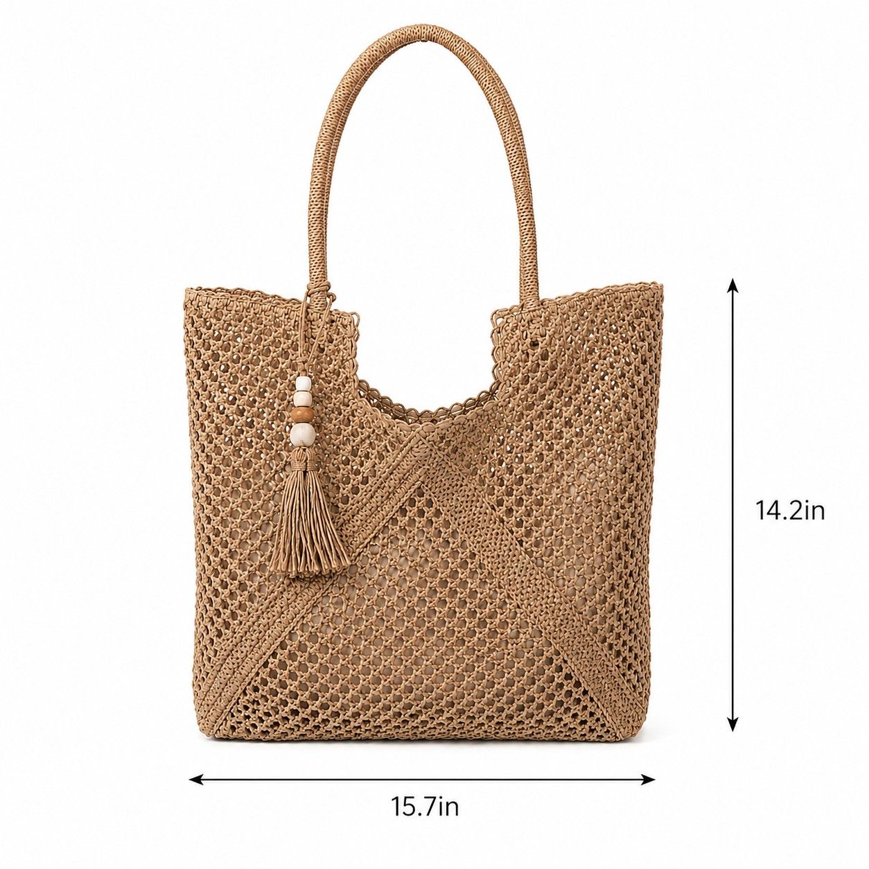 Open Weave Beach Tote Bag with Zip Closure Rope Handles and Tassel Accent
