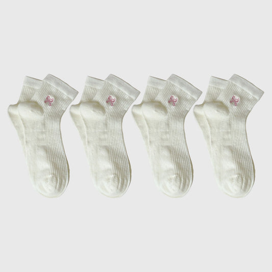 Summer Ribbed Ankle Socks with Bow Embroidery