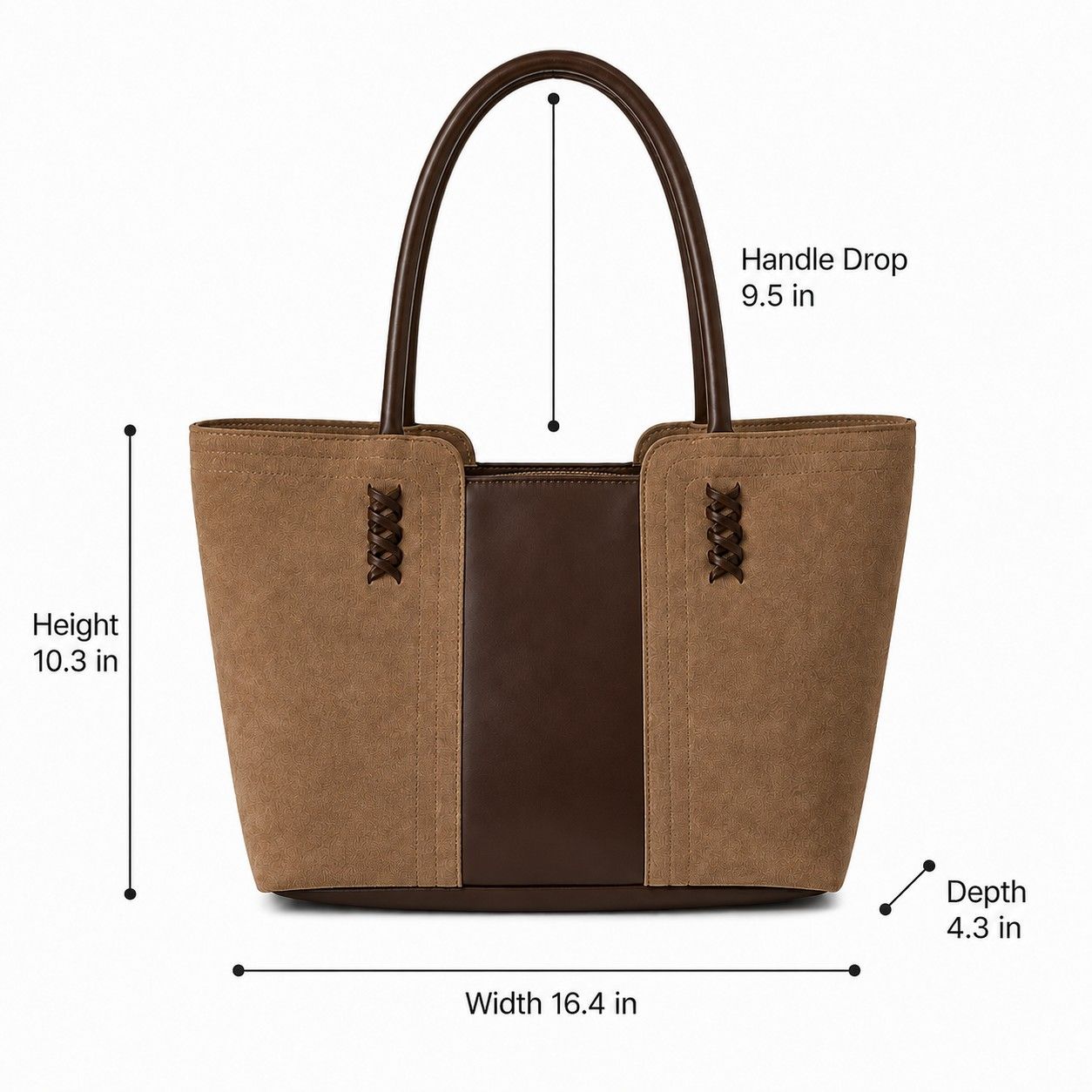 Faux Suede Tote Bag with Double Shoulder Handles Zip Closure and Interior Pockets