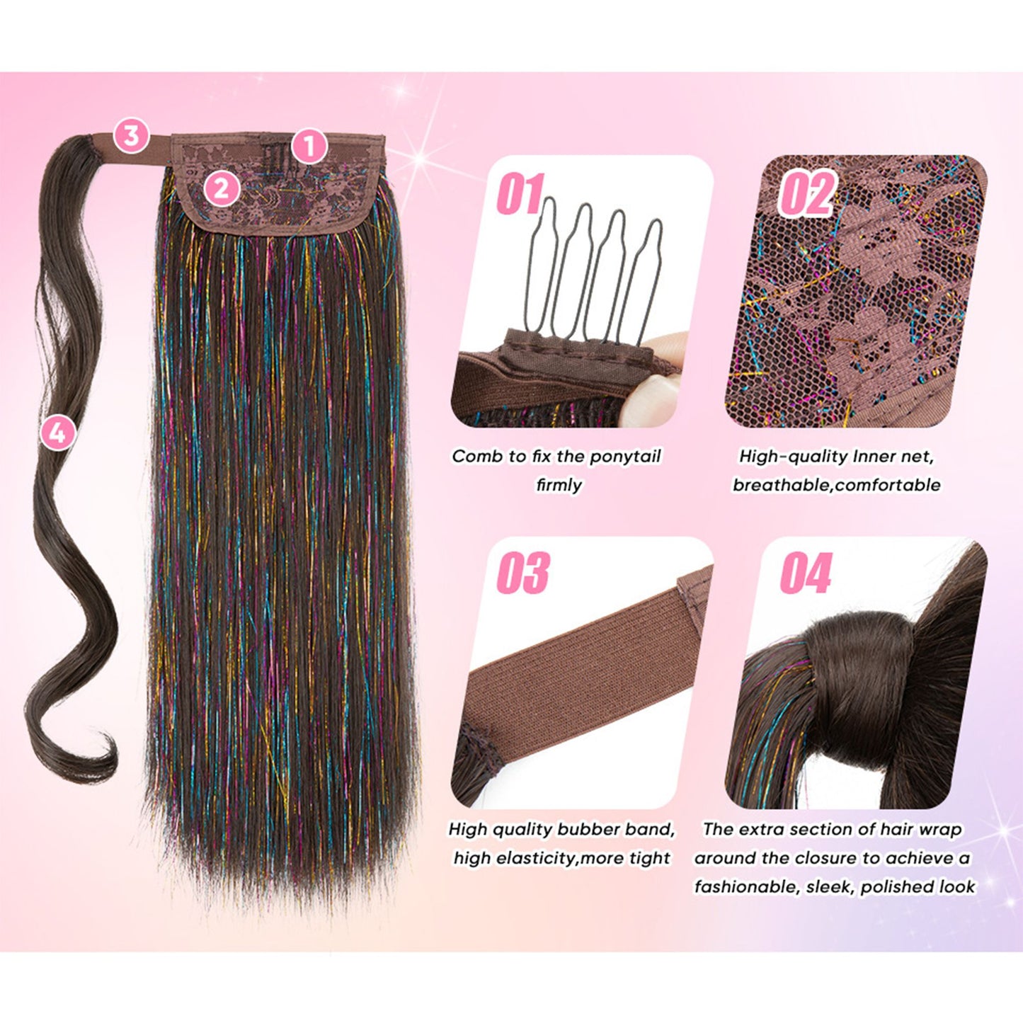 18-Inch Sparkling Straight Wrap Around Ponytail Extension with Shimmering Tinsel Strands for Special Event Glam