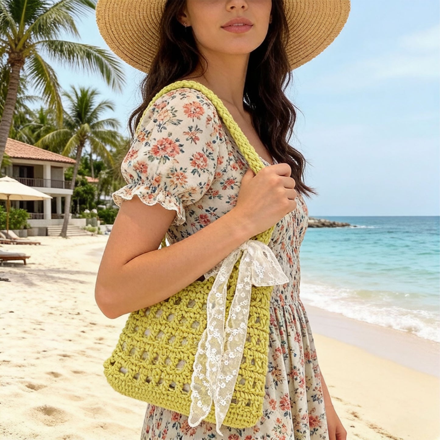 Crochet Shoulder Bag with Lace Bow Detail Knit Bucket Handbag Drawstring Lined Casual Everyday Tote