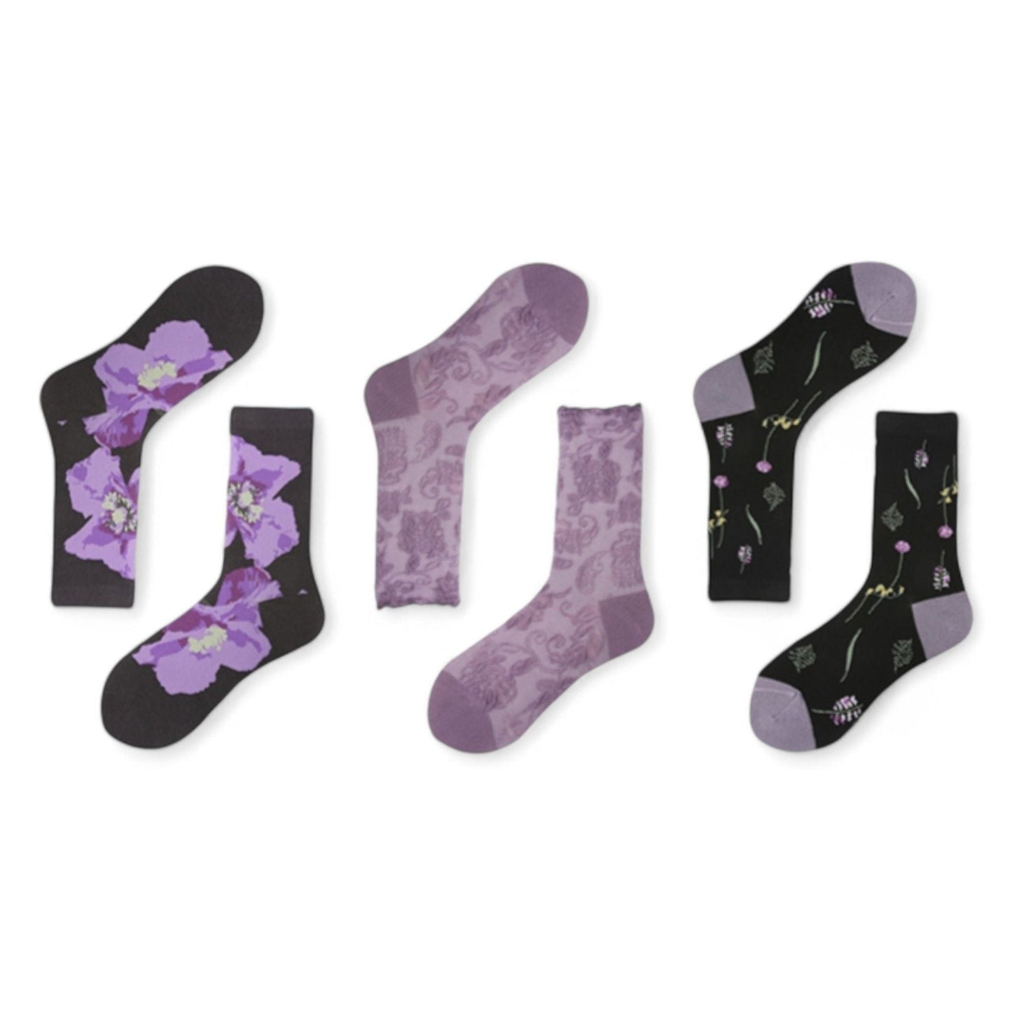 Women's 3-Pack Patterned Crew Socks with Vintage Embroidered Floral and Abstract Prints