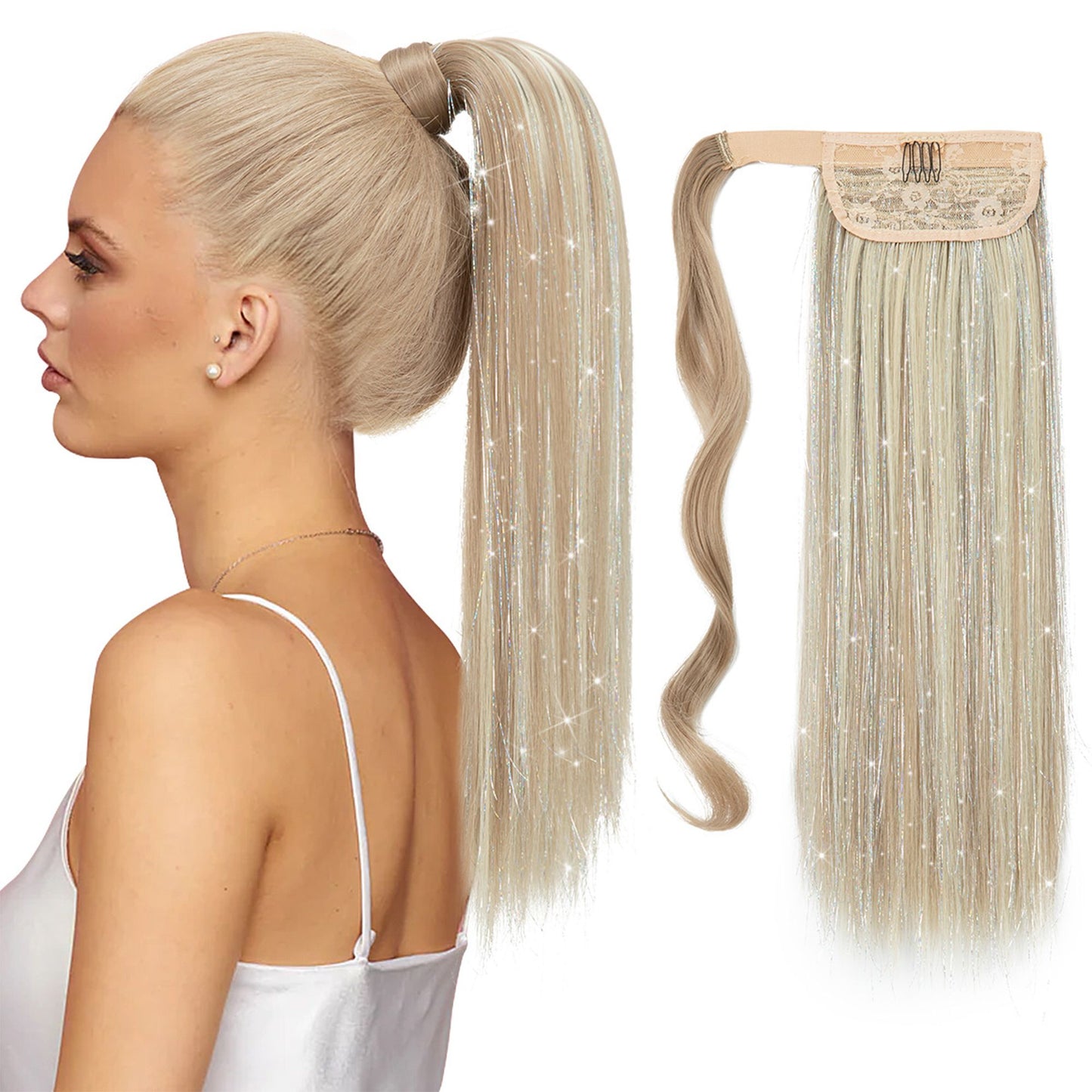 18-Inch Sparkling Straight Wrap Around Ponytail Extension with Shimmering Tinsel Strands for Special Event Glam