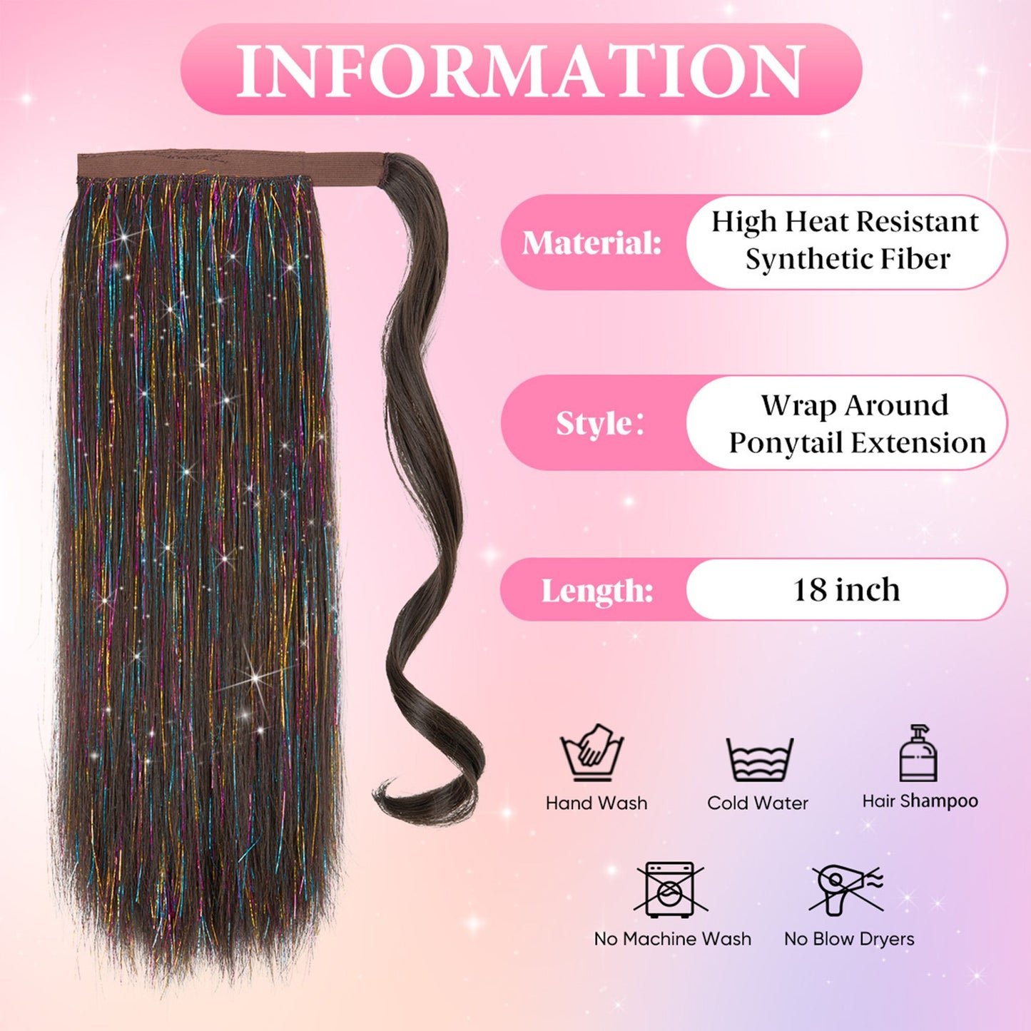 18-Inch Sparkling Straight Wrap Around Ponytail Extension with Shimmering Tinsel Strands for Special Event Glam