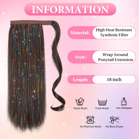 18-Inch Sparkling Straight Wrap Around Ponytail Extension with Shimmering Tinsel Strands for Special Event Glam