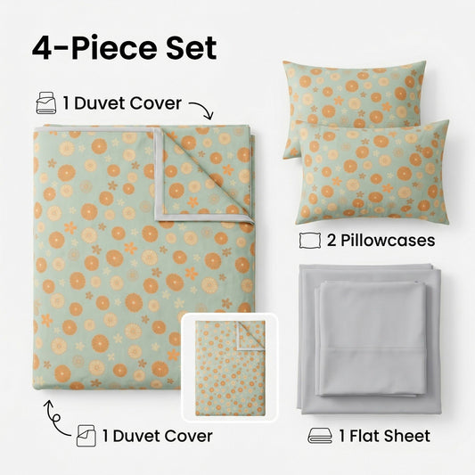 4-Piece Cotton Bedding Set with Floral Pattern Duvet Cover, Pillowcases, and Flat Sheet